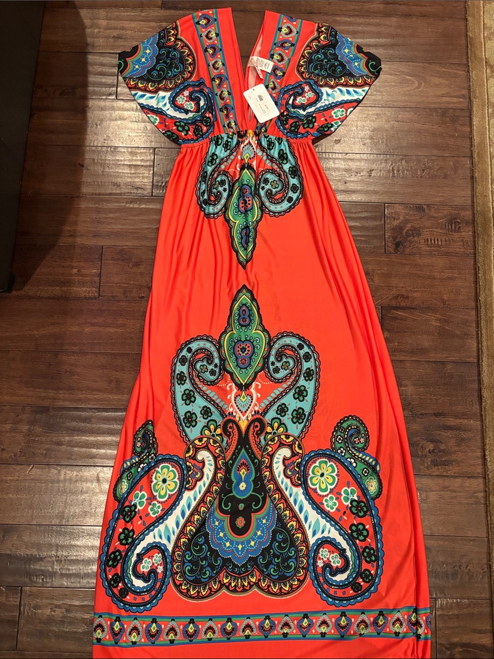 Vibrant Orange Paisley Maxi Dress with Deep V-Neck